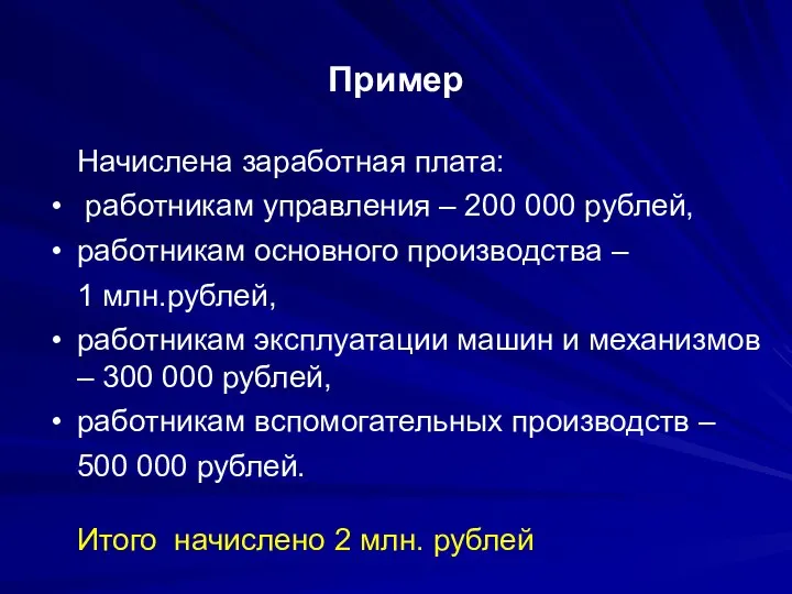 Пример Начислена заработная плата: работникам управления – 200 000 рублей, работникам