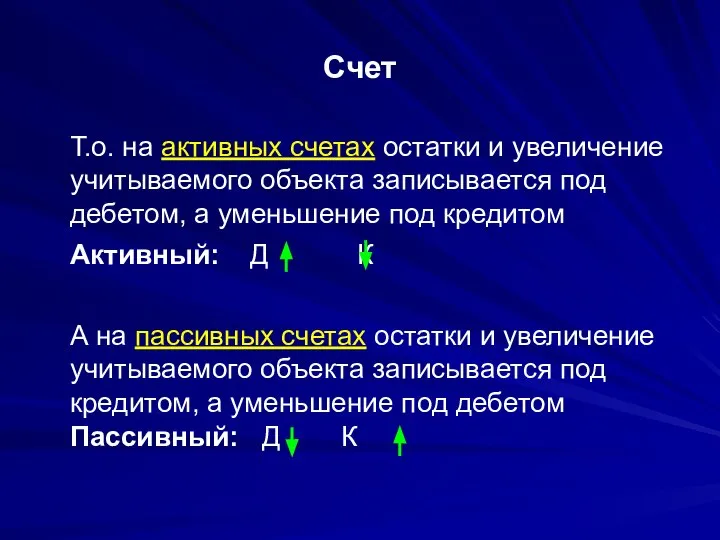 Счет Т.о. на активных счетах остатки и увеличение учитываемого объекта записывается