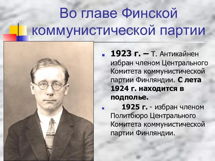 Во главе Финской коммунистической партии 1923 г. – Т. Антикайнен избран