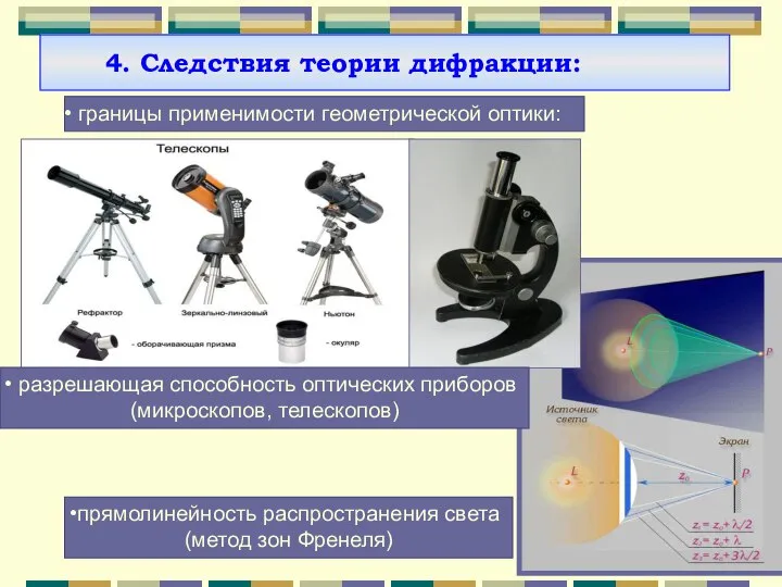 разрешающая способность оптических приборов (микроскопов, телескопов) прямолинейность распространения света (метод зон