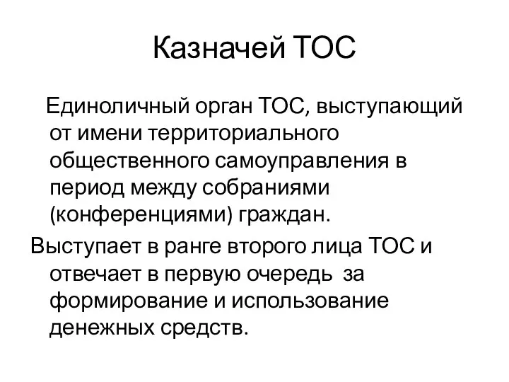 Казначей ТОС Единоличный орган ТОС, выступающий от имени территориального общественного самоуправления