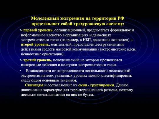Молодежный экстремизм на территории РФ представляет собой трехуровневую систему: - первый