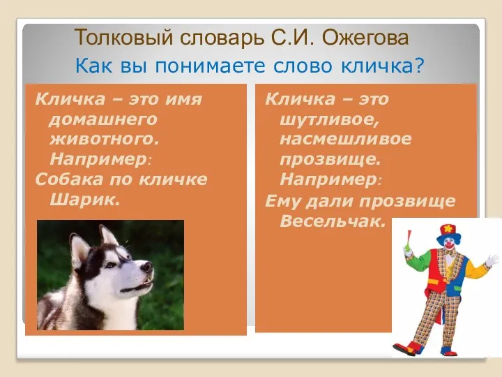 Как вы понимаете слово кличка? Кличка – это имя домашнего животного.