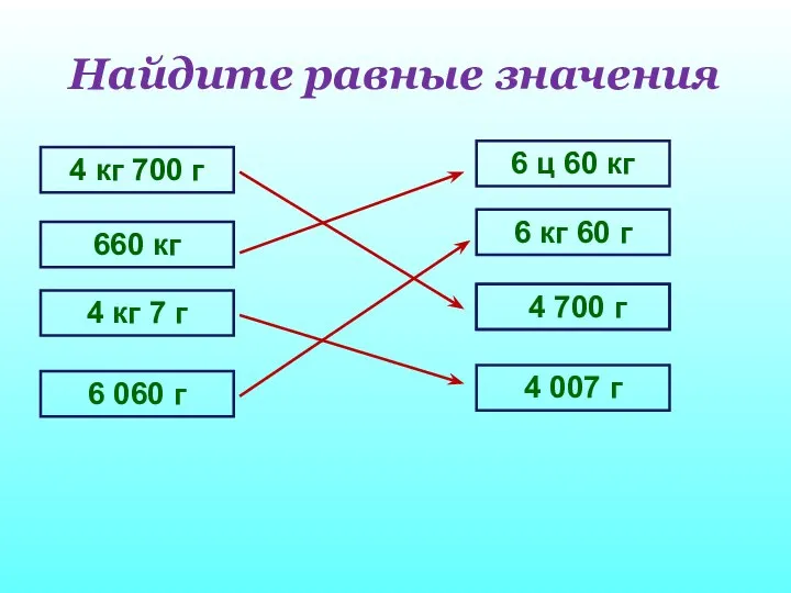 Найдите равные значения 4 кг 700 г 660 кг 6 060