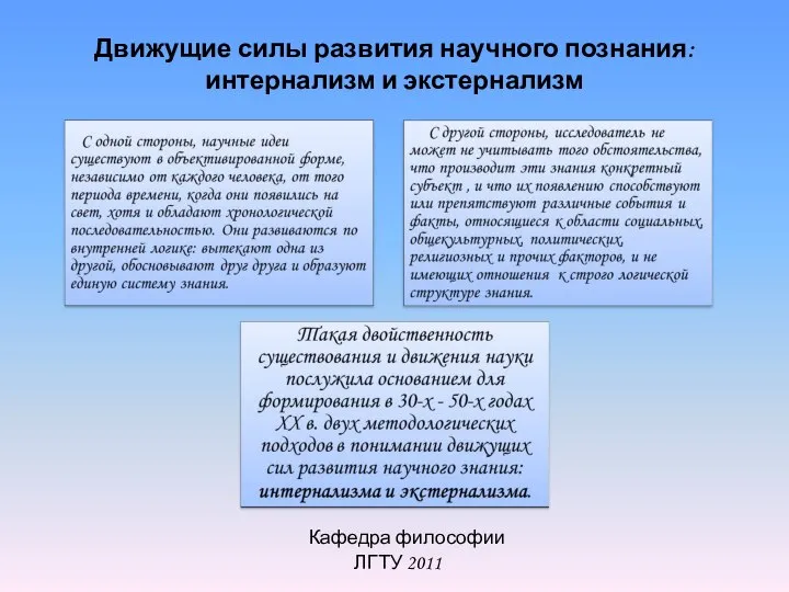 Кафедра философии ЛГТУ 2011 Движущие силы развития научного познания: интернализм и экстернализм