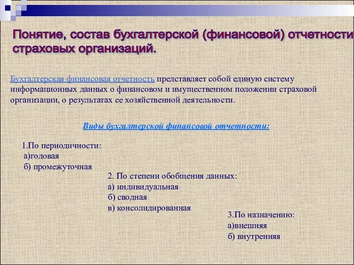 Понятие, состав бухгалтерской (финансовой) отчетности страховых организаций. Бухгалтерская финансовая отчетность представляет