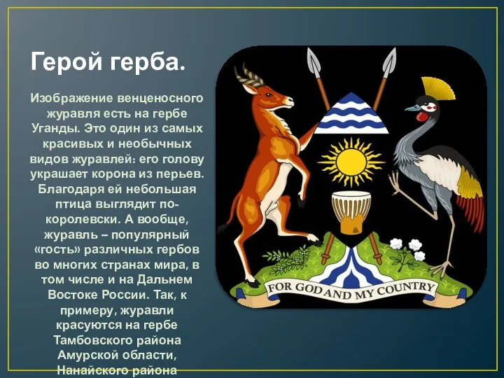 Герой герба. Изображение венценосного журавля есть на гербе Уганды. Это один