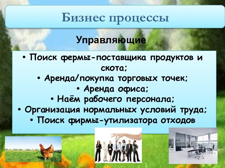 Бизнес процессы Управляющие Поиск фермы-поставщика продуктов и скота; Аренда/покупка торговых точек;