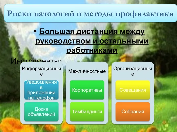 Риски патологий и методы профилактики Большая дистанция между руководством и остальными работниками Инструменты: