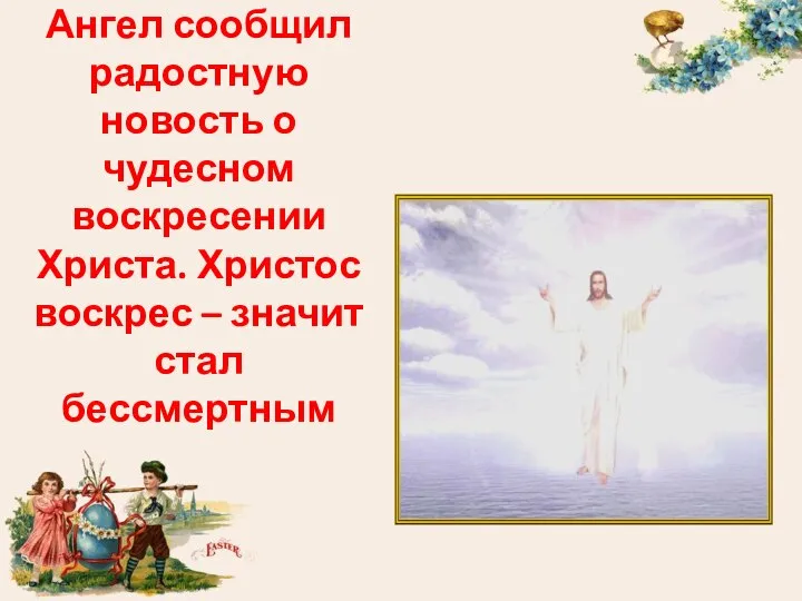 Ангел сообщил радостную новость о чудесном воскресении Христа. Христос воскрес – значит стал бессмертным