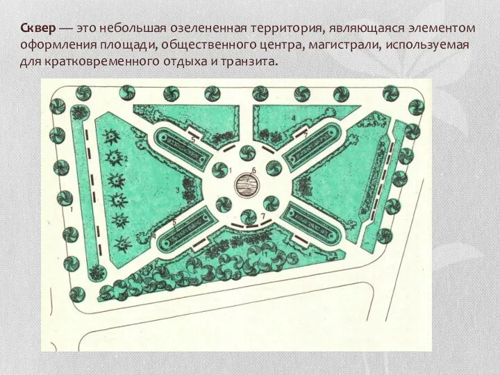 Сквер — это небольшая озелененная территория, являющаяся элементом оформления площади, общественного