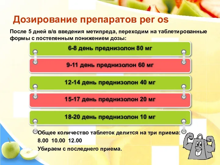 Дозирование препаратов per os 6-8 день преднизолон 80 мг 9-11 день