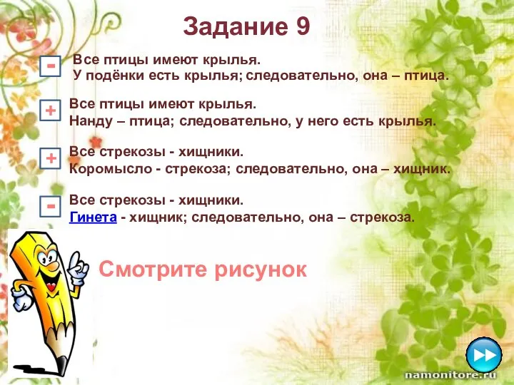 Задание 9 следовательно, она – птица. Все птицы имеют крылья. Нанду