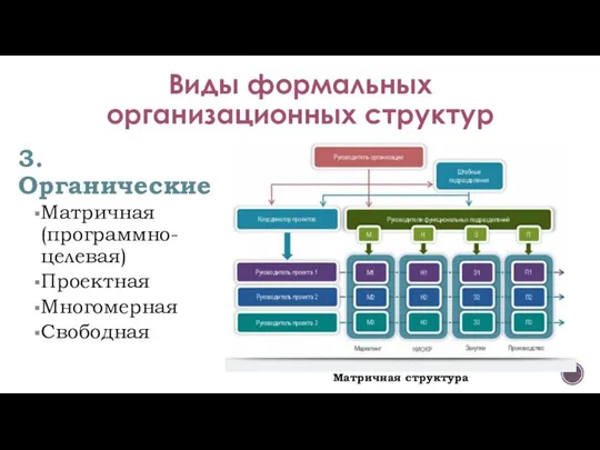 Виды формальных организационных структур 3. Органические Матричная (программно-целевая) Проектная Многомерная Свободная Матричная структура