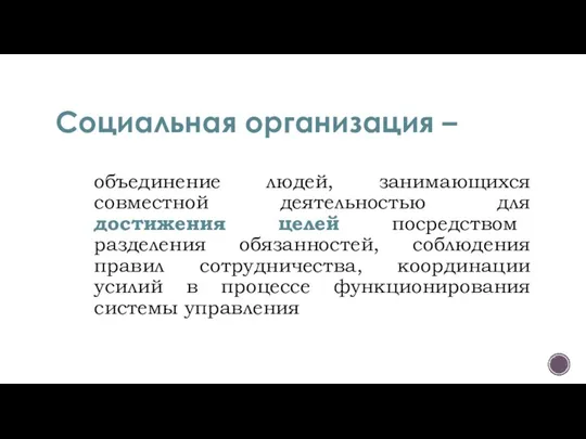 Социальная организация – объединение людей, занимающихся совместной деятельностью для достижения целей