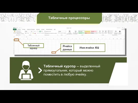 Табличные процессоры Ячейка данных Табличный курсор — выделенный прямоугольник, который можно