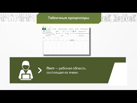 Табличные процессоры Лист — рабочая область, состоящая из ячеек.