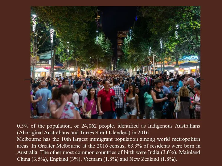 0.5% of the population, or 24,062 people, identified as Indigenous Australians