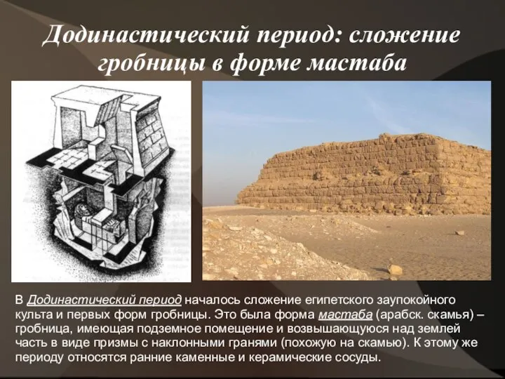 Додинастический период: сложение гробницы в форме мастаба В Додинастический период началось