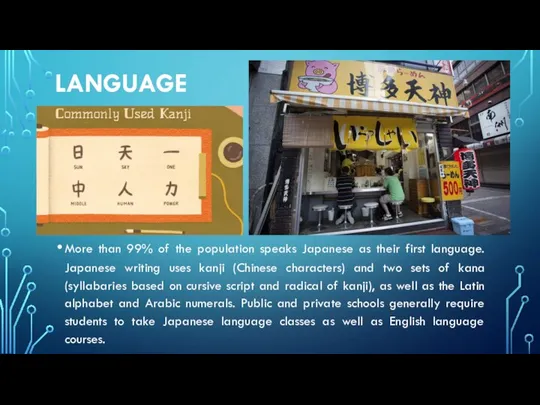 LANGUAGE More than 99% of the population speaks Japanese as their