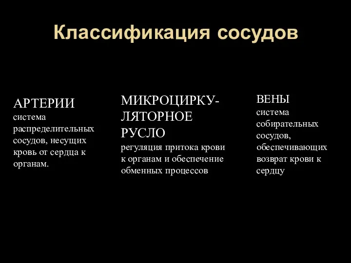 Классификация сосудов АРТЕРИИ система распределительных сосудов, несущих кровь от сердца к