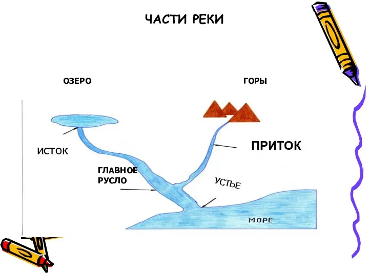 ЧАСТИ РЕКИ ОЗЕРО ГОРЫ ГЛАВНОЕ РУСЛО УСТЬЕ ПРИТОК исток