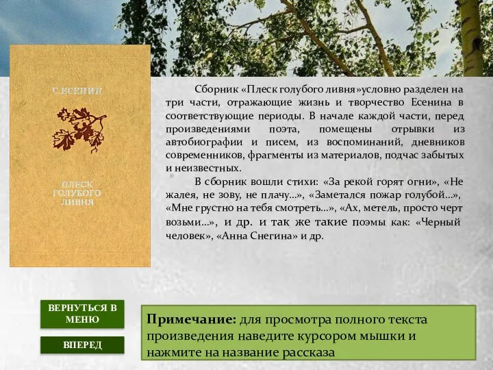 Сборник «Плеск голубого ливня»условно разделен на три части, отражающие жизнь и