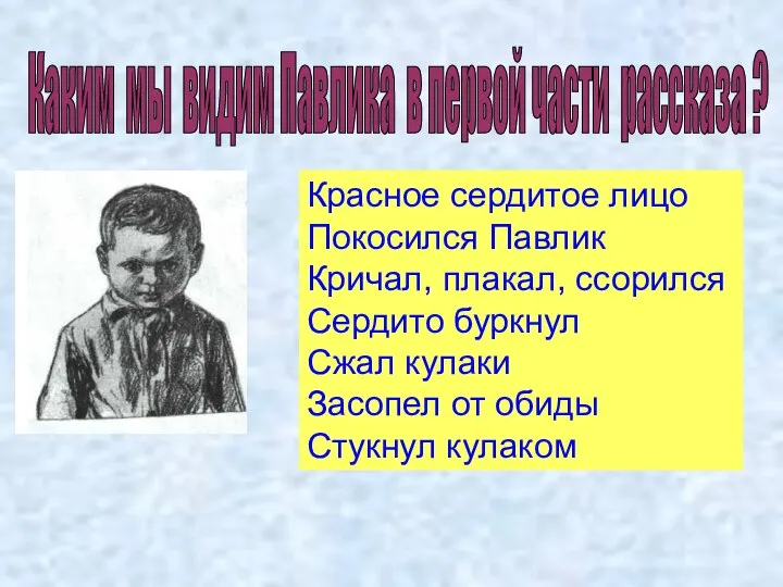 Каким мы видим Павлика в первой части рассказа ? Красное сердитое