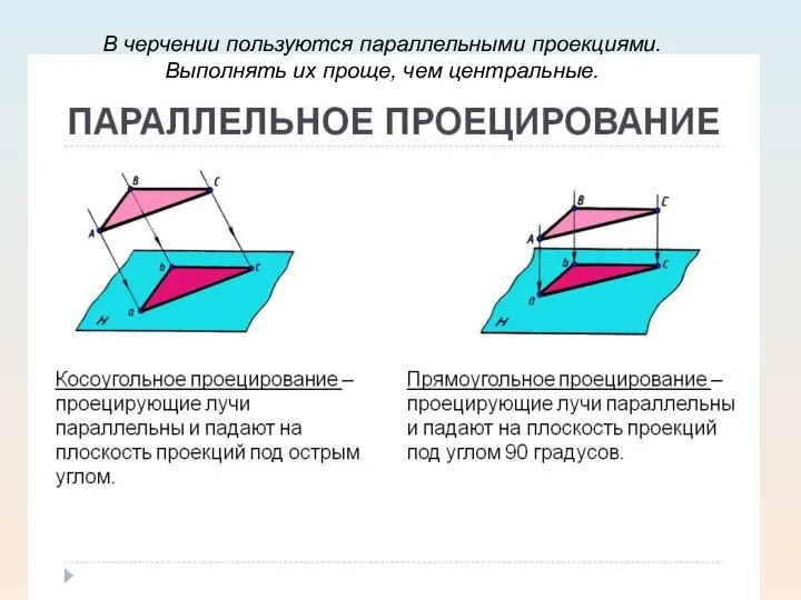 В черчении пользуются параллельными проекция­ми. Выполнять их проще, чем центральные.