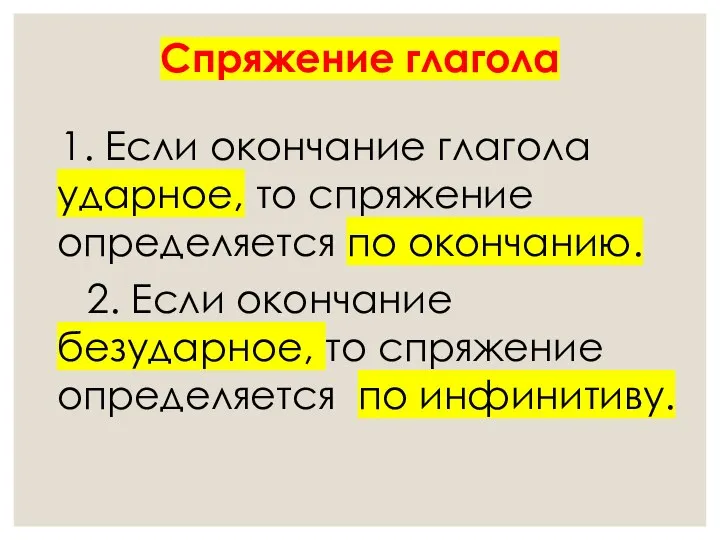 Спряжение глагола 1. Если окончание глагола ударное, то спряжение определяется по