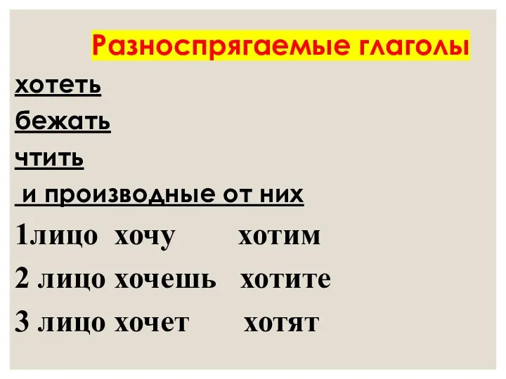 Разноспрягаемые глаголы хотеть бежать чтить и производные от них 1лицо хочу