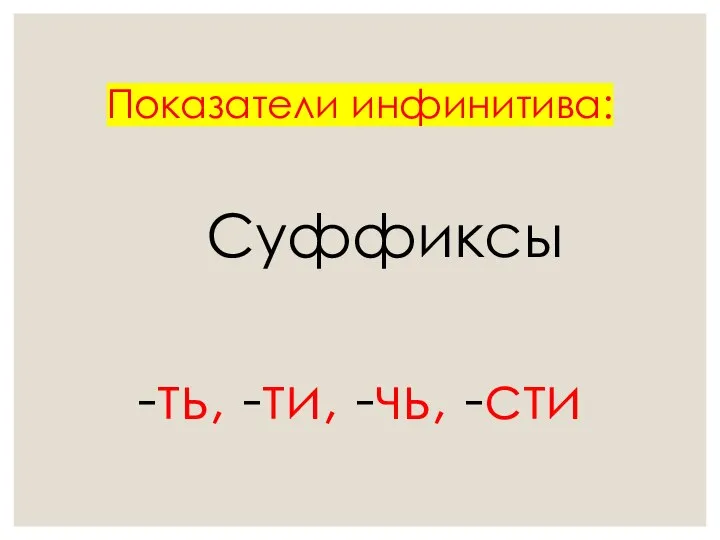 Показатели инфинитива: Суффиксы -ть, -ти, -чь, -сти