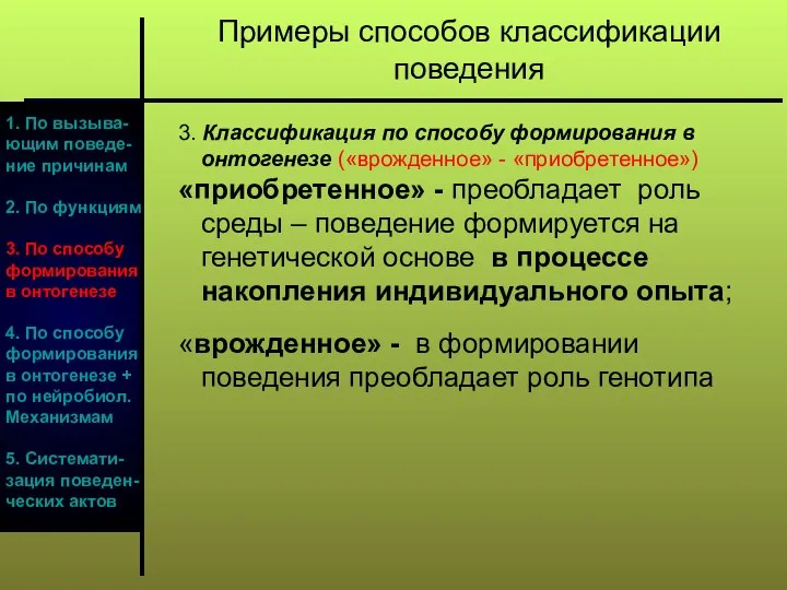 1. По вызыва- ющим поведе- ние причинам 2. По функциям 3.