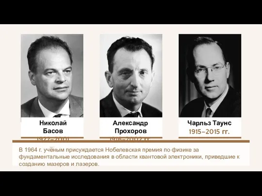 Николай Басов 1922–2001 гг. Александр Прохоров 1916–2002 гг. В 1964 г.