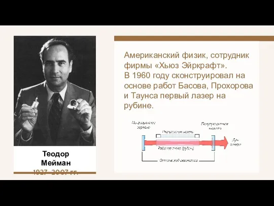 Теодор Мейман 1927–2007 гг. Американский физик, сотрудник фирмы «Хьюз Эйркрафт». В