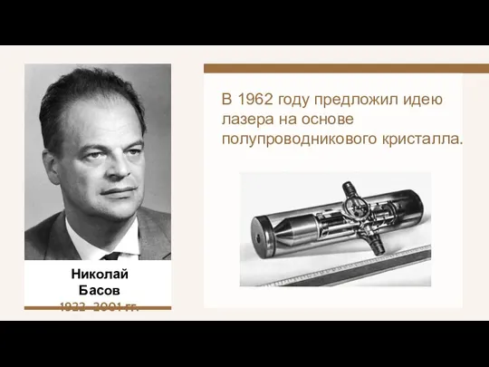 Николай Басов 1922–2001 гг. В 1962 году предложил идею лазера на основе полупроводникового кристалла.