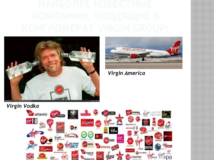 НАИБОЛЕЕ ИЗВЕСТНЫЕ КОМПАНИИ, ВХОДЯЩИЕ В КОНГЛОМЕРАТ VIRGIN GROUP: Virgin Vodka Virgin America