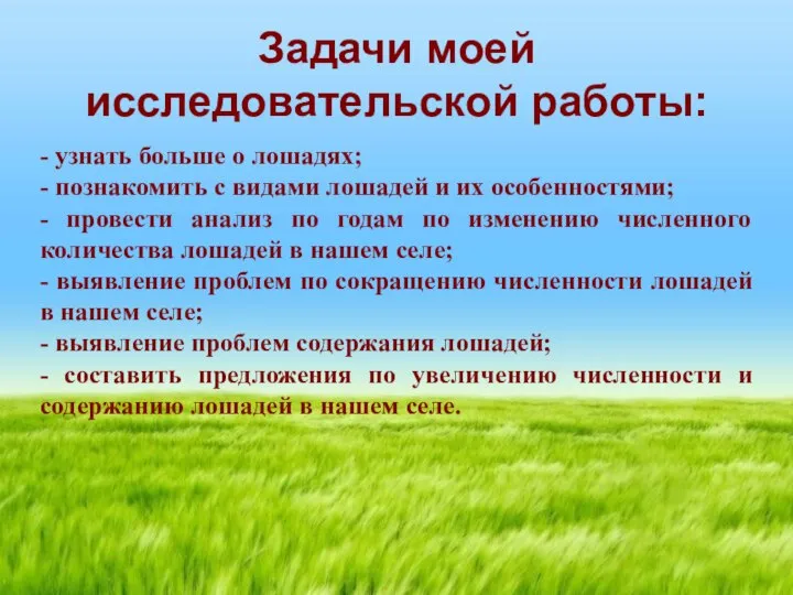 Задачи моей исследовательской работы: - узнать больше о лошадях; - познакомить