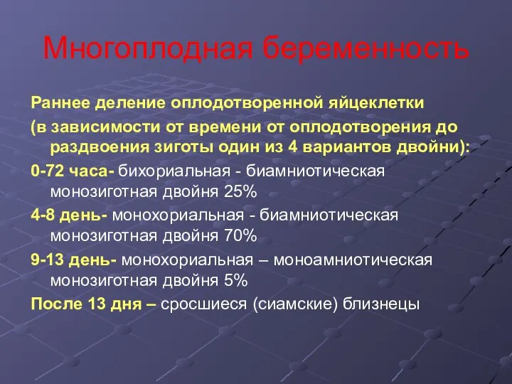 Многоплодная беременность Раннее деление оплодотворенной яйцеклетки (в зависимости от времени от