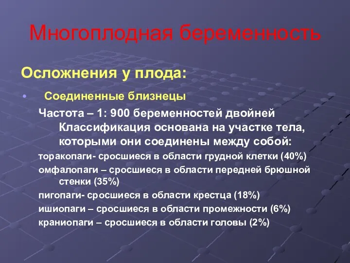 Многоплодная беременность Осложнения у плода: Соединенные близнецы Частота – 1: 900