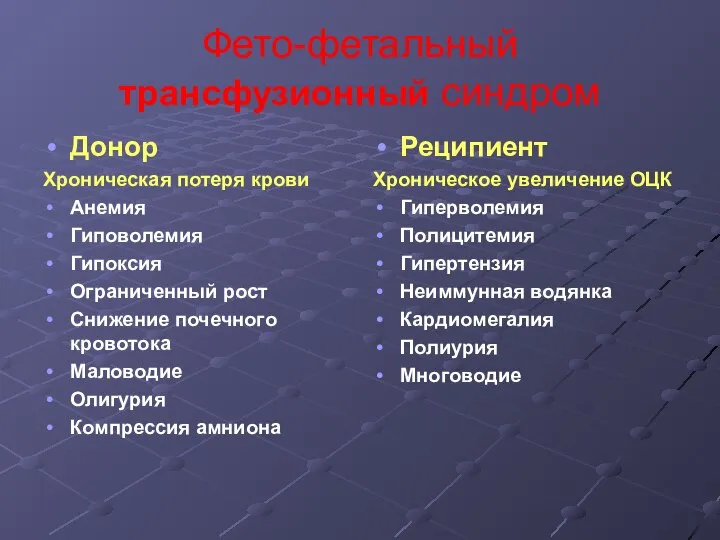 Фето-фетальный трансфузионный синдром Донор Хроническая потеря крови Анемия Гиповолемия Гипоксия Ограниченный