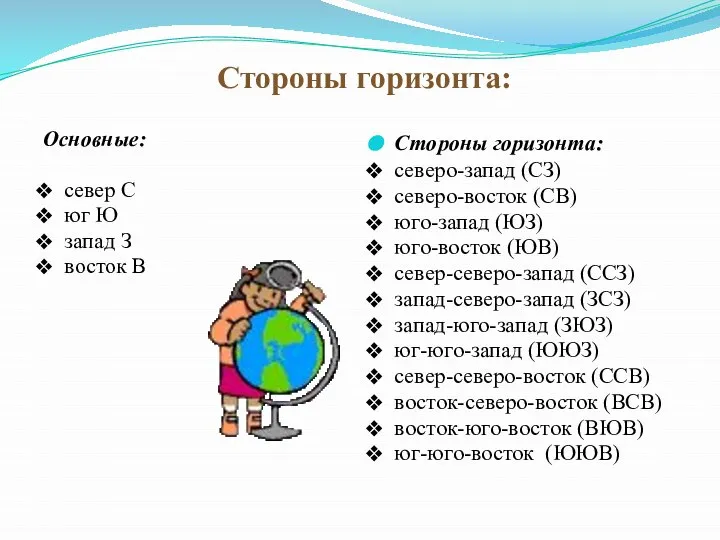 Стороны горизонта: Основные: север С юг Ю запад З восток В