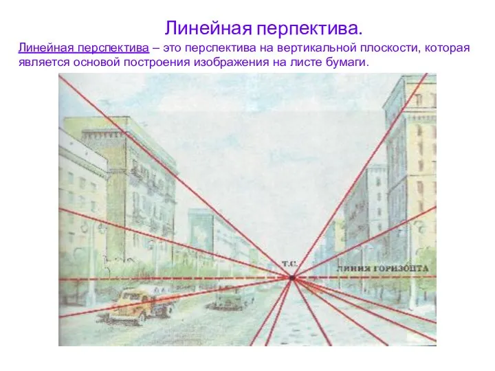 Линейная перпектива. Линейная перспектива – это перспектива на вертикальной плоскости, которая