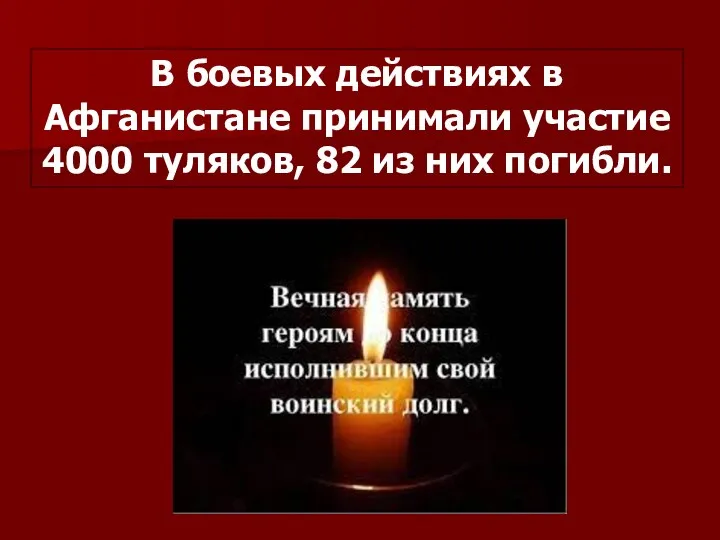 В боевых действиях в Афганистане принимали участие 4000 туляков, 82 из них погибли.