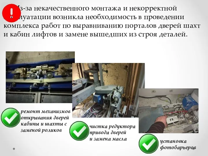 ремонт механизмов открывания дверей кабины и шахты с заменой роликов чистка