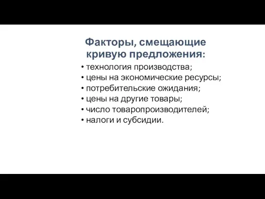 Факторы, смещающие кривую предложения: технология производства; цены на экономические ресурсы; потребительские