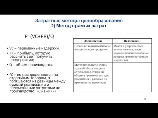 Затратные методы ценообразования 2) Метод прямых затрат P=(VC+PR)/Q VC – переменные