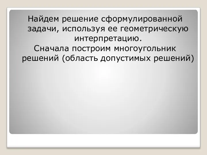 Найдем решение сформулированной задачи, используя ее геометрическую интерпретацию. Сначала построим многоугольник решений (область допустимых решений)