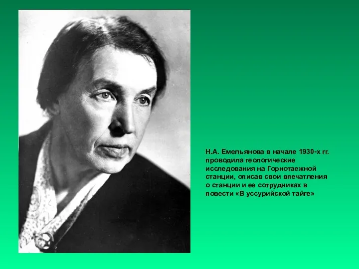 Н.А. Емельянова в начале 1930-х гг. проводила геологические исследования на Горнотаежной