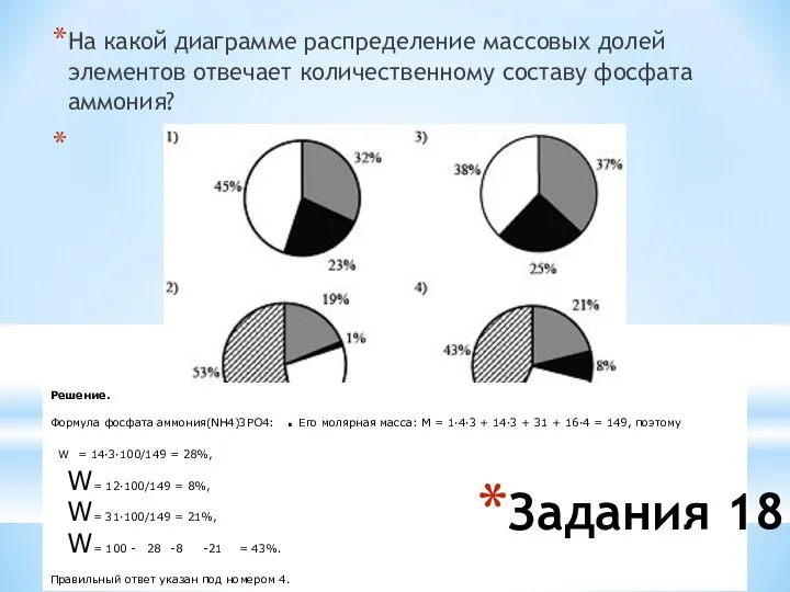 На какой диаграмме распределение массовых долей элементов отвечает количественному составу фосфата